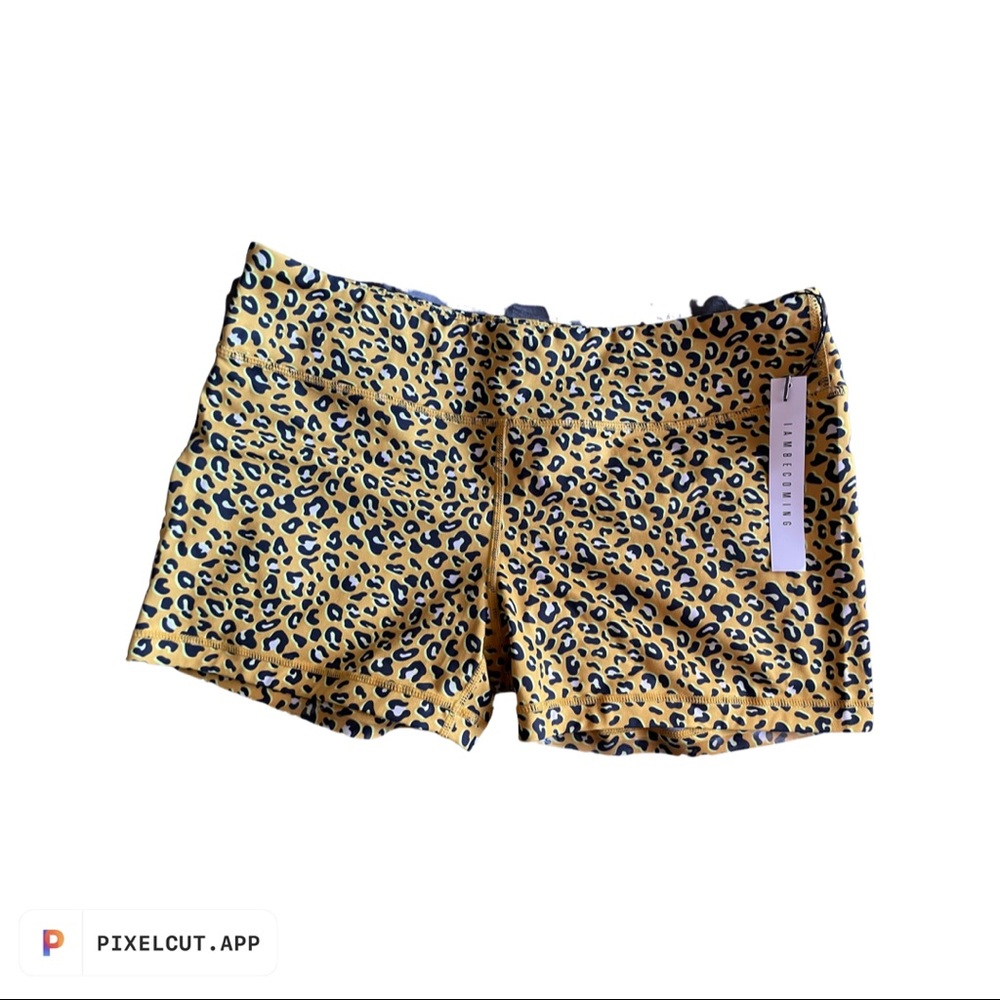 IAB yellow animal print workout shorts.